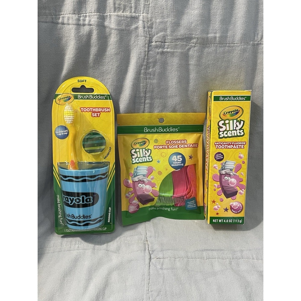 NEW Kid's Crayola Brush Buddies Toothbrush Blue Cup Flossers Tooth Paste & Cap